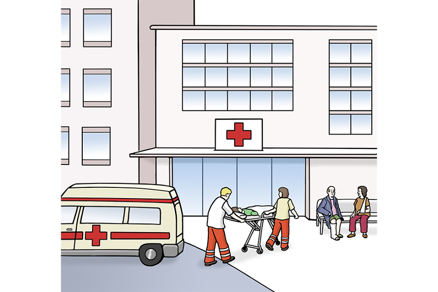 Reha-Klinik (oder Kranken-Haus) - (Quelle: Lebenshilfe für Menschen mit geistiger Behinderung Bremen e.V., Illustrator Stefan Albers, Atelier Fleetinsel, 2013) Reha-Klinik (oder Kranken-Haus) - (Quelle: Lebenshilfe für Menschen mit geistiger Behinderung Bremen e.V., Illustrator Stefan Albers, Atelier Fleetinsel, 2013)