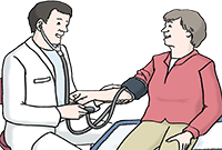 Arzt-Besuch mit Blutdruck-Messung (Quelle: Lebenshilfe für Menschen mit geistiger Behinderung Bremen e.V., Illustrator Stefan Albers, Atelier Fleetinsel, 2013)