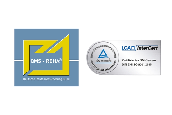 Ein Bild des QMS-Reha-Siegels und des LGA InterCert-Siegels. Ein Bild des QMS-Reha-Siegels und des LGA InterCert-Siegels.