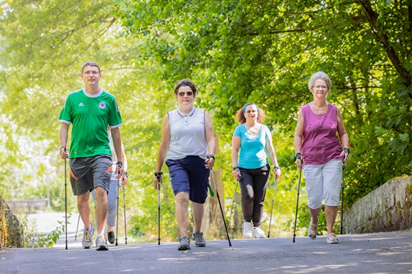 Mehrere Personen beim Nordic Walking durch einen Park. Mehrere Personen beim Nordic Walking durch einen Park.
