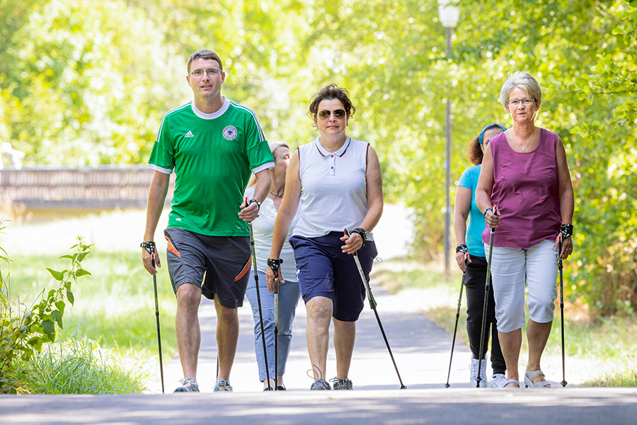 Mehrere Personen beim Nordic Walking durch einen Park.